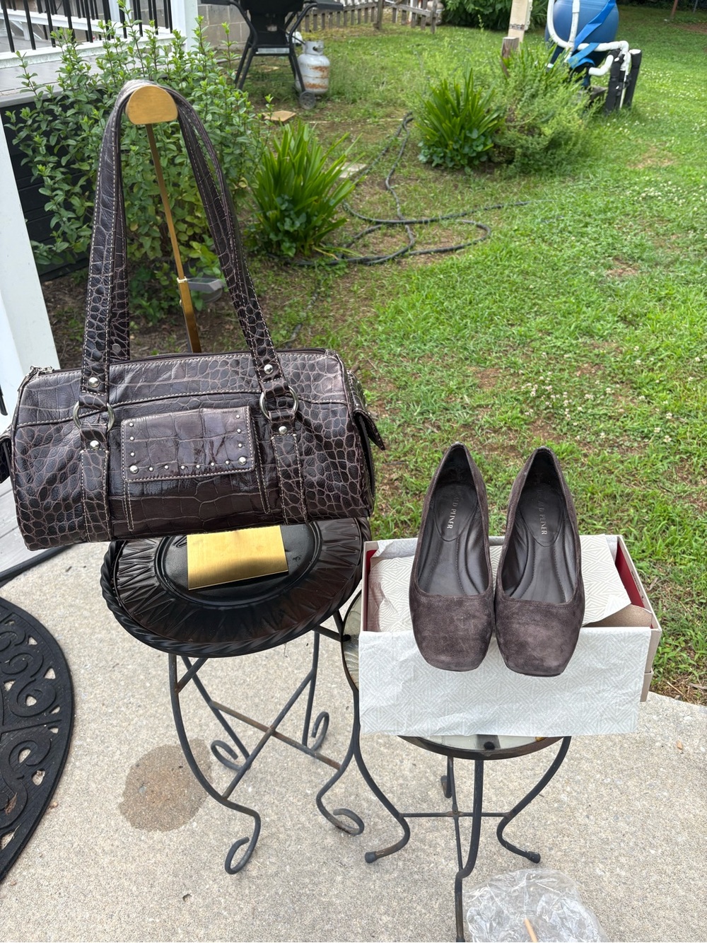 Donald J. Pliner Dark Brown Suede Square-Toe Flats With Croc Embossed Heels - Picture 6 of 6